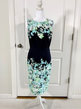 New York & Company Navy Midi Sheath Dress with Mint & Aqua Floral Print